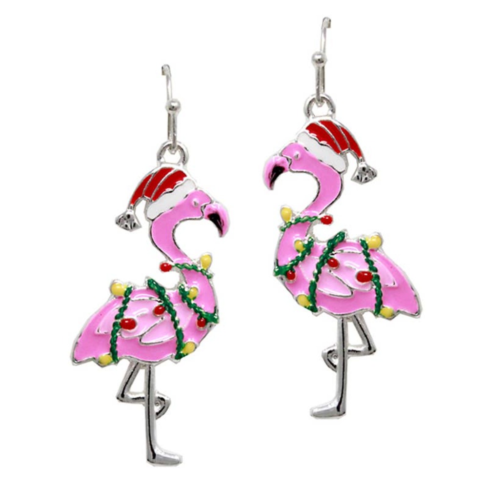 Holiday Pink Flamingo Hook Earrings with Santa Hat and Christmas Lights